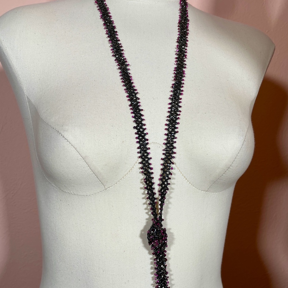 Vintage Beaded Purple Black Whimsical Goth Art Deco Flapper Length Necklace